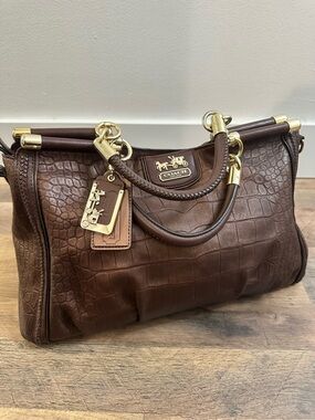 Coach Madison Pinnacle Embossed Leather Satchel Brown Croc Gold Hardware + Strap